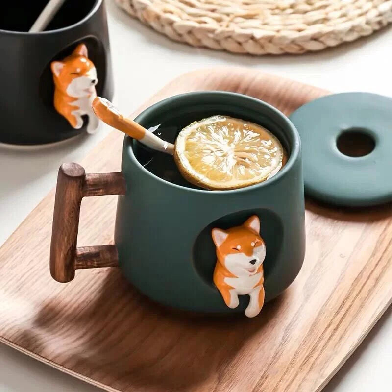 Kawaii Cute 3D Ceramic Cartoon Shiba Dog Coffee Mug Teacher Appreciation Gifts, 420ML Tea Cup with Wood Handles for Office,Home