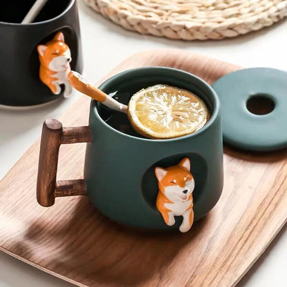Kawaii Cute 3D Ceramic Cartoon Shiba Dog Coffee Mug Teacher Appreciation Gifts, 420ML Tea Cup with Wood Handles for Office,Home