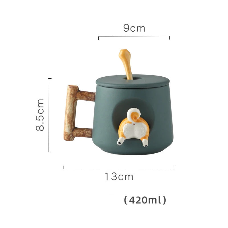 Kawaii Cute 3D Ceramic Cartoon Shiba Dog Coffee Mug Teacher Appreciation Gifts, 420ML Tea Cup with Wood Handles for Office,Home