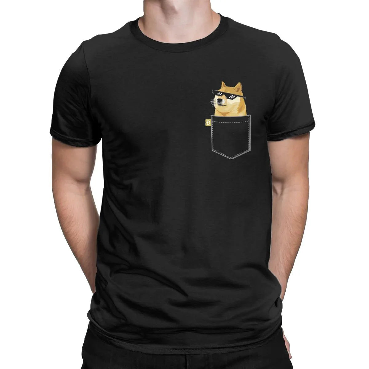 the CRYPTO DOG -Dogecoin Crypto Doge Coin Faux Pocket T-Shirt for Men, Amazing Pure Cotton Tees, Round Neck Short Sleeve T-Shirts, Graphic Clothes