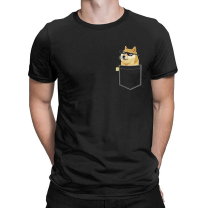 the CRYPTO DOG -Dogecoin Crypto Doge Coin Faux Pocket T-Shirt for Men, Amazing Pure Cotton Tees, Round Neck Short Sleeve T-Shirts, Graphic Clothes