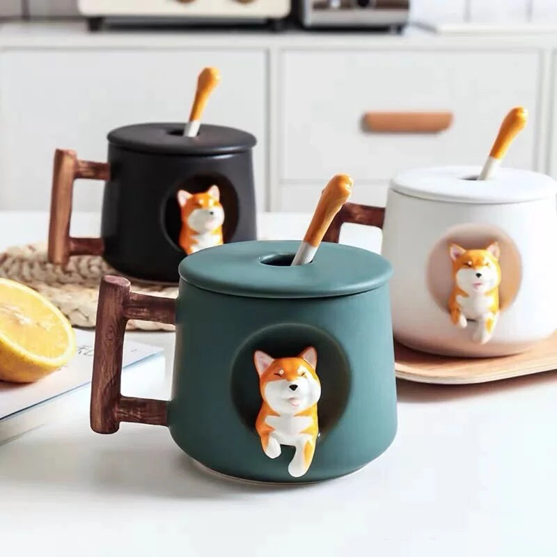 Kawaii Cute 3D Ceramic Cartoon Shiba Dog Coffee Mug Teacher Appreciation Gifts, 420ML Tea Cup with Wood Handles for Office,Home