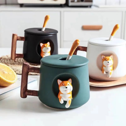 Kawaii Cute 3D Ceramic Cartoon Shiba Dog Coffee Mug Teacher Appreciation Gifts, 420ML Tea Cup with Wood Handles for Office,Home