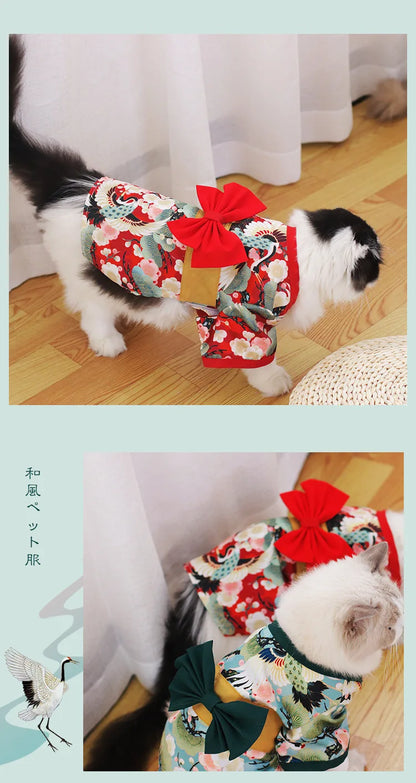 Pet Japanese Kimono Cat Dog Cosplay Coat Crane Cherry Blossom Pattern Pet Jacket Christmas Easter Dresses Chihuahua Pet Clothes
