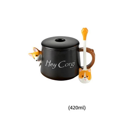 Kawaii Cute 3D Ceramic Cartoon Shiba Dog Coffee Mug Teacher Appreciation Gifts, 420ML Tea Cup with Wood Handles for Office,Home