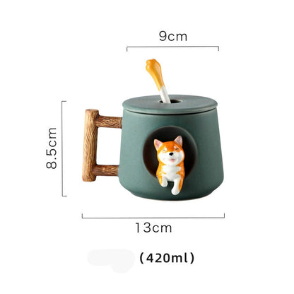 Kawaii Cute 3D Ceramic Cartoon Shiba Dog Coffee Mug Teacher Appreciation Gifts, 420ML Tea Cup with Wood Handles for Office,Home