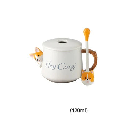 Kawaii Cute 3D Ceramic Cartoon Shiba Dog Coffee Mug Teacher Appreciation Gifts, 420ML Tea Cup with Wood Handles for Office,Home