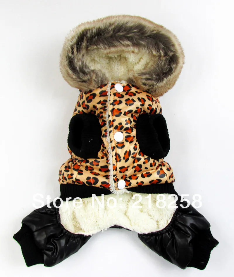 Leopard Pattern Thick Warm Pet Dog Winter Coat, Hoodies, Jumpsuit, Clothing for Small Puppy