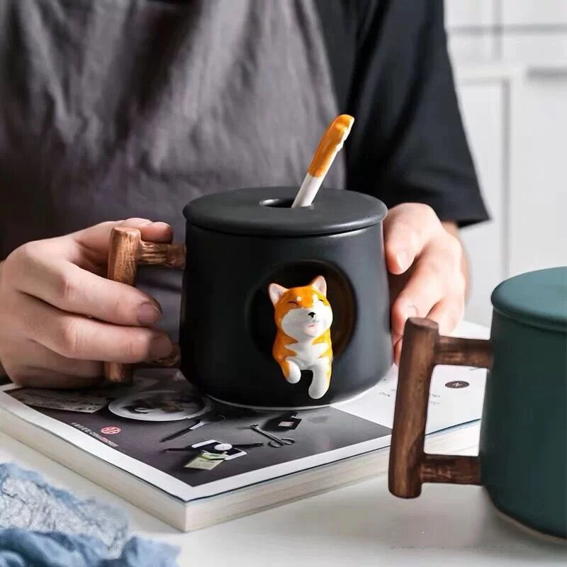 Kawaii Cute 3D Ceramic Cartoon Shiba Dog Coffee Mug Teacher Appreciation Gifts, 420ML Tea Cup with Wood Handles for Office,Home