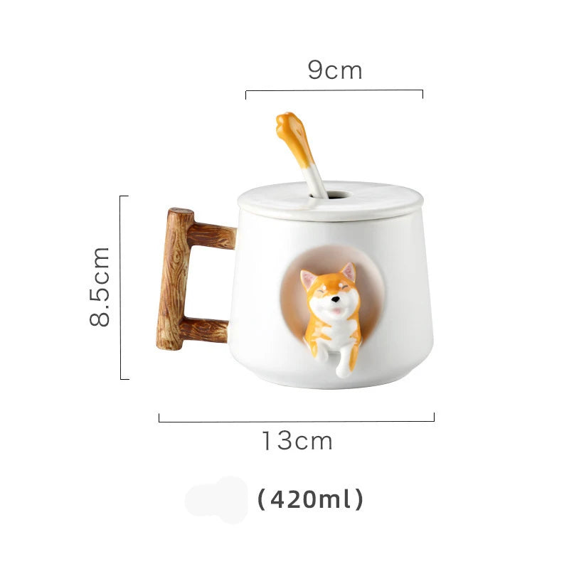 Kawaii Cute 3D Ceramic Cartoon Shiba Dog Coffee Mug Teacher Appreciation Gifts, 420ML Tea Cup with Wood Handles for Office,Home