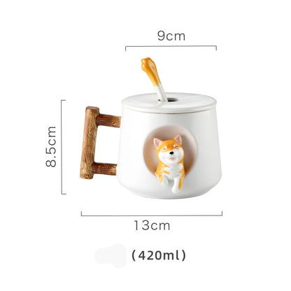 Kawaii Cute 3D Ceramic Cartoon Shiba Dog Coffee Mug Teacher Appreciation Gifts, 420ML Tea Cup with Wood Handles for Office,Home