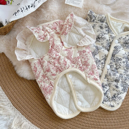 Pet Autumn and Winter Flying Sleeve Gauze Dog Parkas Home Clothing Small Dog Autumn and Winter Clothing Warm Floral Vest
