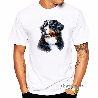 the BERNESE - Bernese Mountain Dog Animal Printed T-Shirt, Men's Clothing Funny White T-Shirt, Homme Summer Fashion T-Shirt