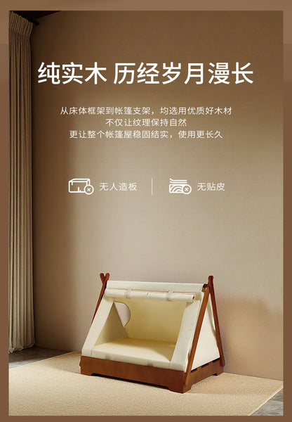 Wooden Pet Tent House - Washable Dog Bed for Small Dogs, Cat House with Removable Cover, Cozy Pet Tent for Indoor/Outdoor Use