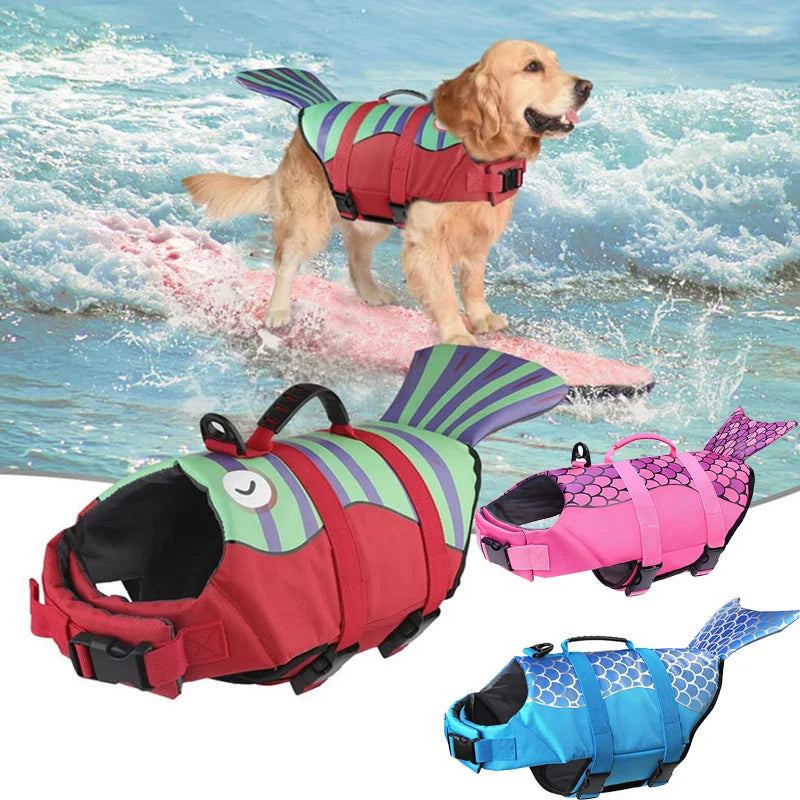 the MER-DOG - Pet Dog Life Jacket, Enhanced Buoyancy Small Dogs Swimming Clothes, Safety Vest with Handle for Medium/Large Dog, Surfing Costume