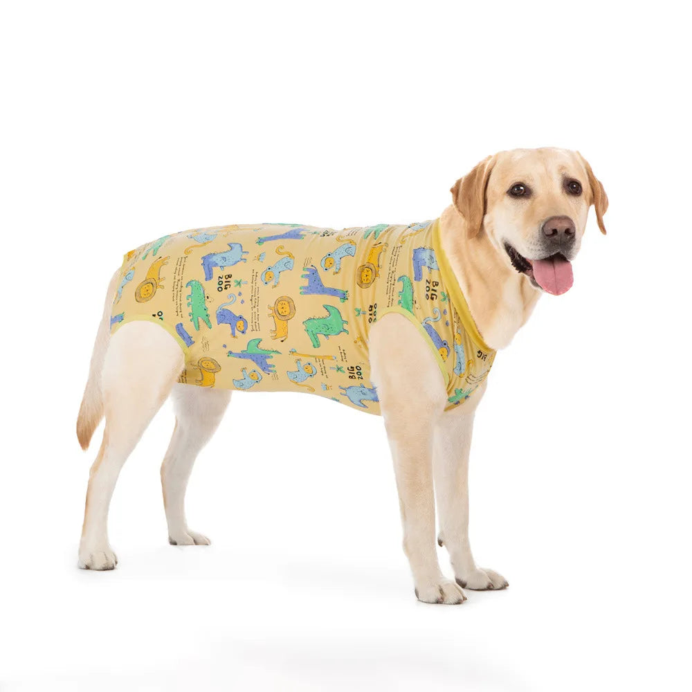 Large Dog Surgery Recovery Suit Cartoon Animal/Fruit Print Cotton Onesie Jumpsuit for Labrador Shiba Golden Retriever