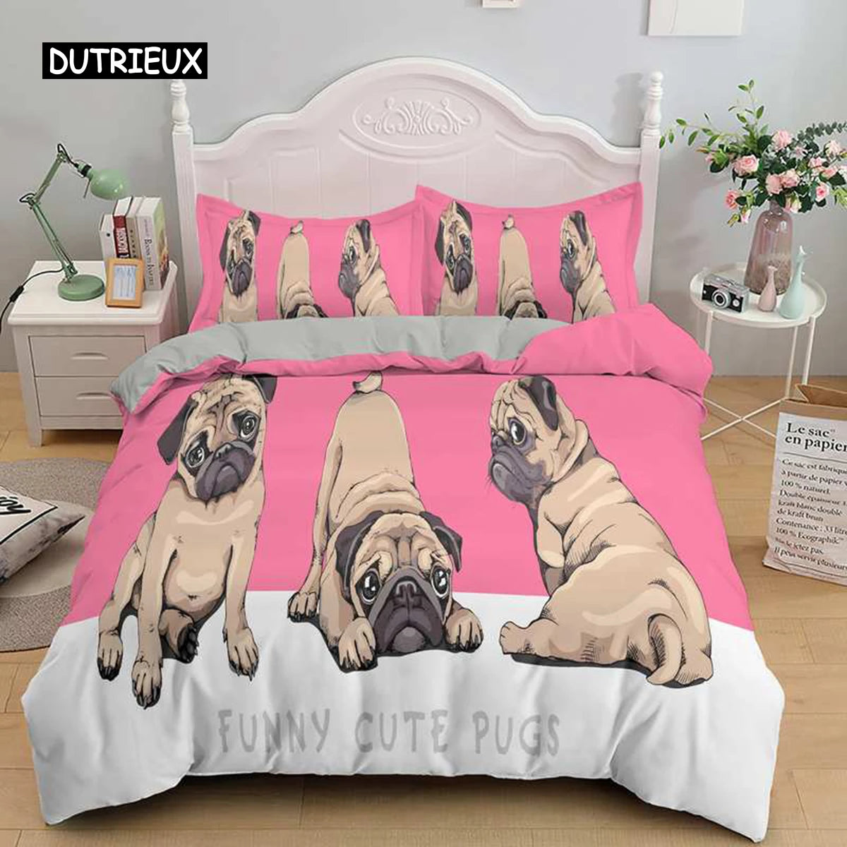 the PRINTED PET DUVET - 3D Dog Bedding Set, Cute French Bulldog Puppy Duvet Cover Sets, Cartoon Bed Cover, Pet Animals Home Textiles, Queen 2/3Pcs King Full