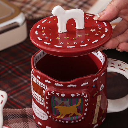 Cartoon Cute Ceramic Mug Dog Red Cup Lid Creative Christmas Water Cup Kitchen Accessories Coffee Cup Dust Cover Holiday Gift