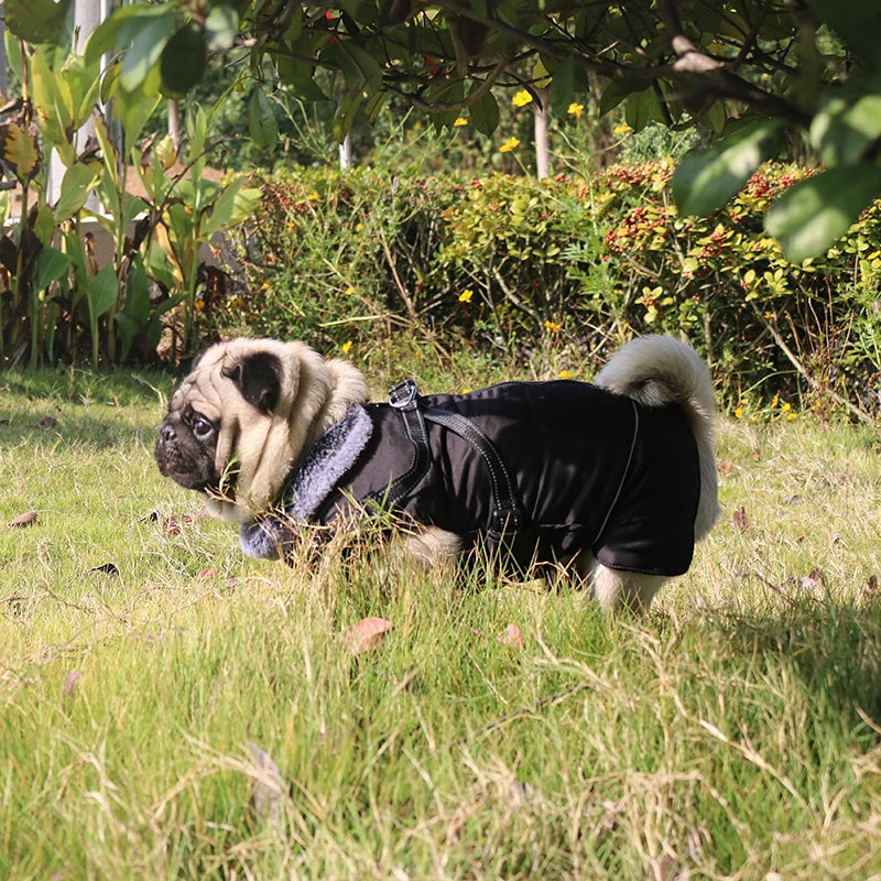 Waterproof Dog Clothes with Harness for Medium Large Dog Winter Warm Fur Collar Pet Dog Jacket Reflective French Bulldog Costume