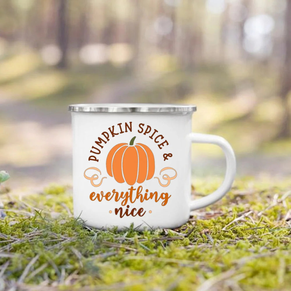 Pumpkin Leaves Dog Cat Printed Enamel Mugs Coffee Cups Fall Thanksgiving Party Wine Juice Mug Handle Cup Autumn Holiday Gifts