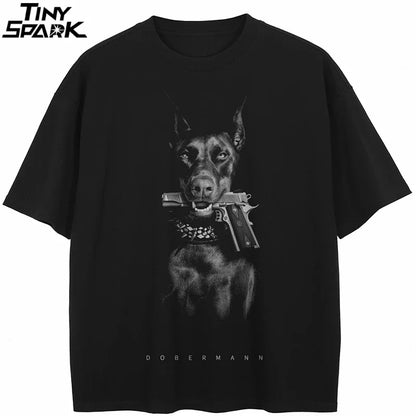 the BEWARE OF DAWG - T-Shirt Streetwear Animal Graphic Doberman, Dog Gun T-Shirt, Cotton Hipster Men T-Shirt, Unisex Tops Tees, Black Hip Hop
