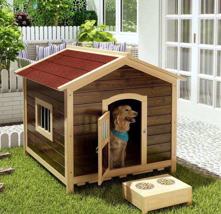 the DOGGY CABIN - Large Outdoor Wooden Dog Kennel with Sun Visor and Wooden Door, Weatherproof Pet House