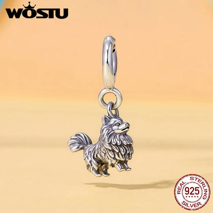 WOSTU 925 Sterling Silver Pet Dog Charm Pomeranian Pendant Yorkshire Terrier Locket Cute Original Fit for Women Bracelet DIY