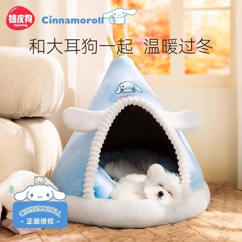 Kawaii Sanrio Cinnamoroll Dog Beds Cute Cat Mats Kennel Winter Warm Enclosed Safe House Removable Washable Sleeping Mat