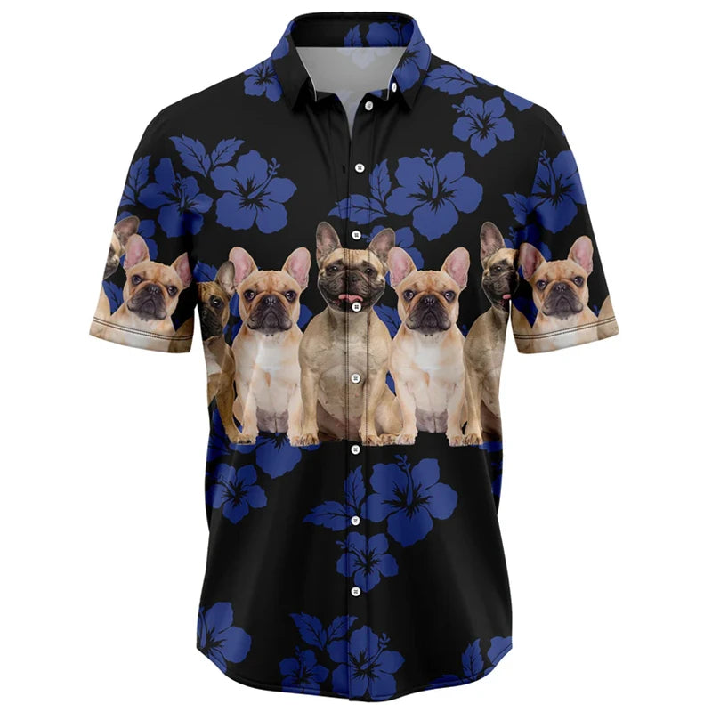 the BULLDOG HAWAII - Funny Bulldog Pattern Hawaiian Shirts, Summer Casual Beach Vacation 3D Cute Dog Printed Shirt, Loose Breathable Dog Lover Blouses