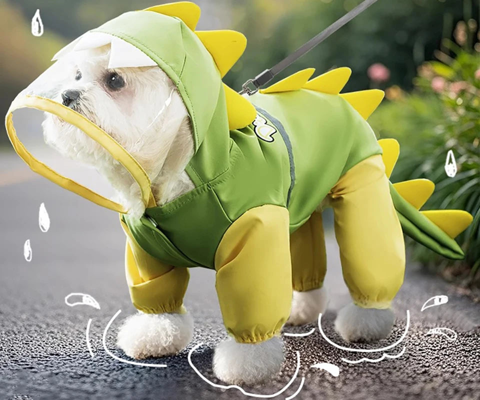 the DINO-DOG - Cute Dinosaur Raincoat Leashable Bichon Frise Four Legs Waterproof Clothes, Pet Rain Reflective Hoodie
