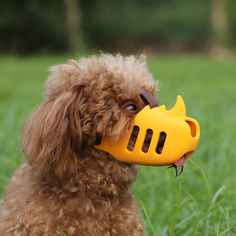 the RHINOSHIELD PET MUZZLE - Pet Dog Muzzle, Silicone Pet Muzzle, Anti-Biting, Barking, and Eating, Rhinoceros-Shaped Medium and Large Dog Muzzle