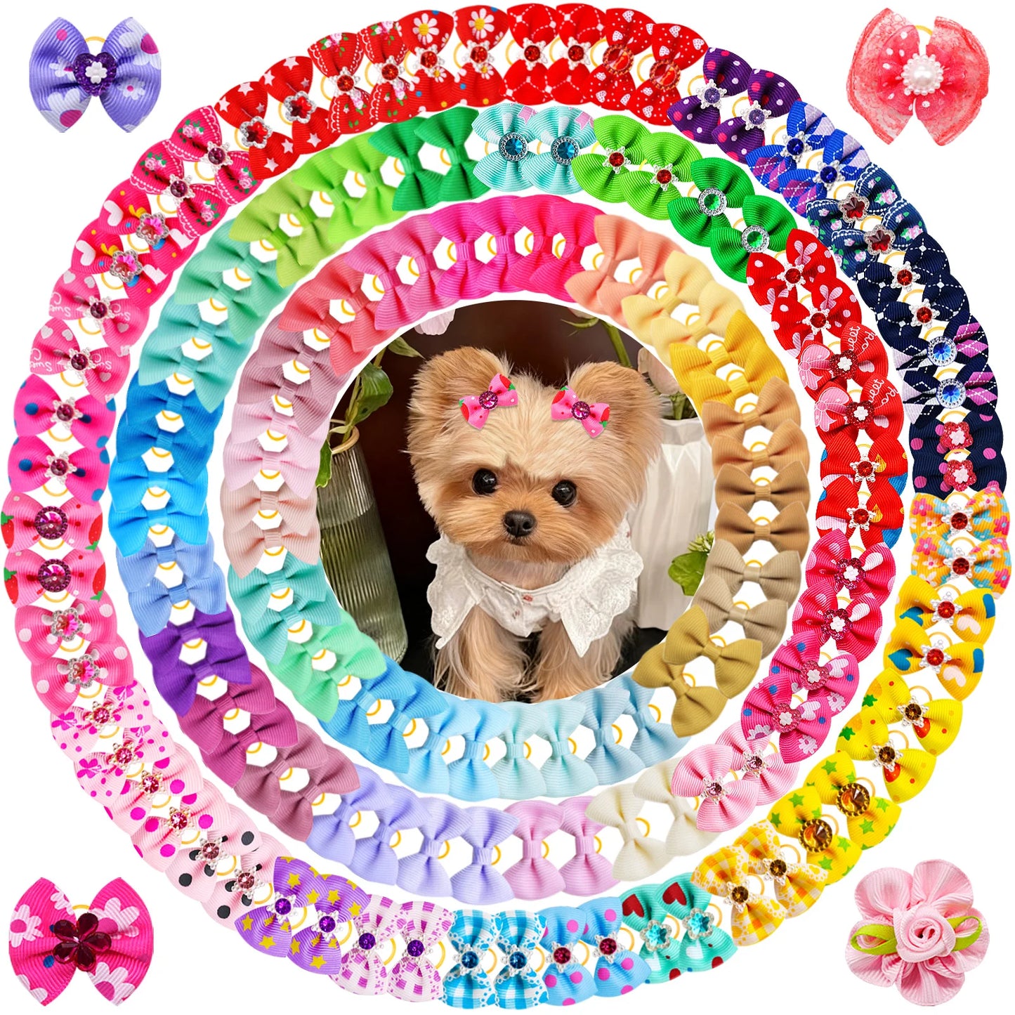 the PUPPY COUTURE BOW COLLECTION - 100PCS Cute Dog Bows with Rubber Bands, Handmade Solid Colors Multi-Style Puppy Bows, Diamonds Pet Grooming Accessories for Dogs