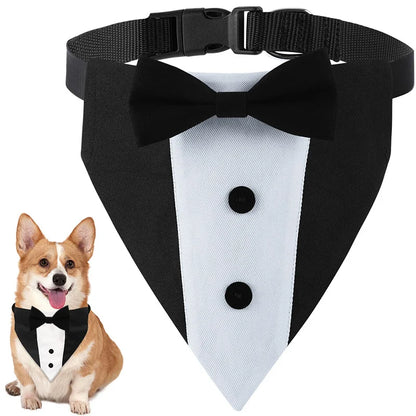 the TUXEDO DOGGY - Bow Tie Dog Collar Tuxedo Bandana, Adjustable Formal Puppy Triangle Neck Wear for Wedding/Birthday, Dress-up, Cosplay, Party