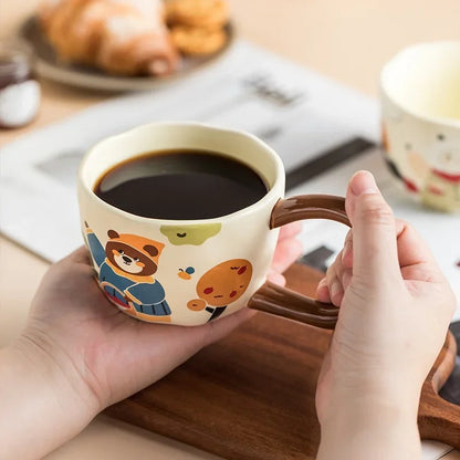 350ML Cartoon Hand Painted Bunny bear Coffee Cups Irregular Ceramic Mug Large Handle Home Office Milk Water Cup Kid's Gifts