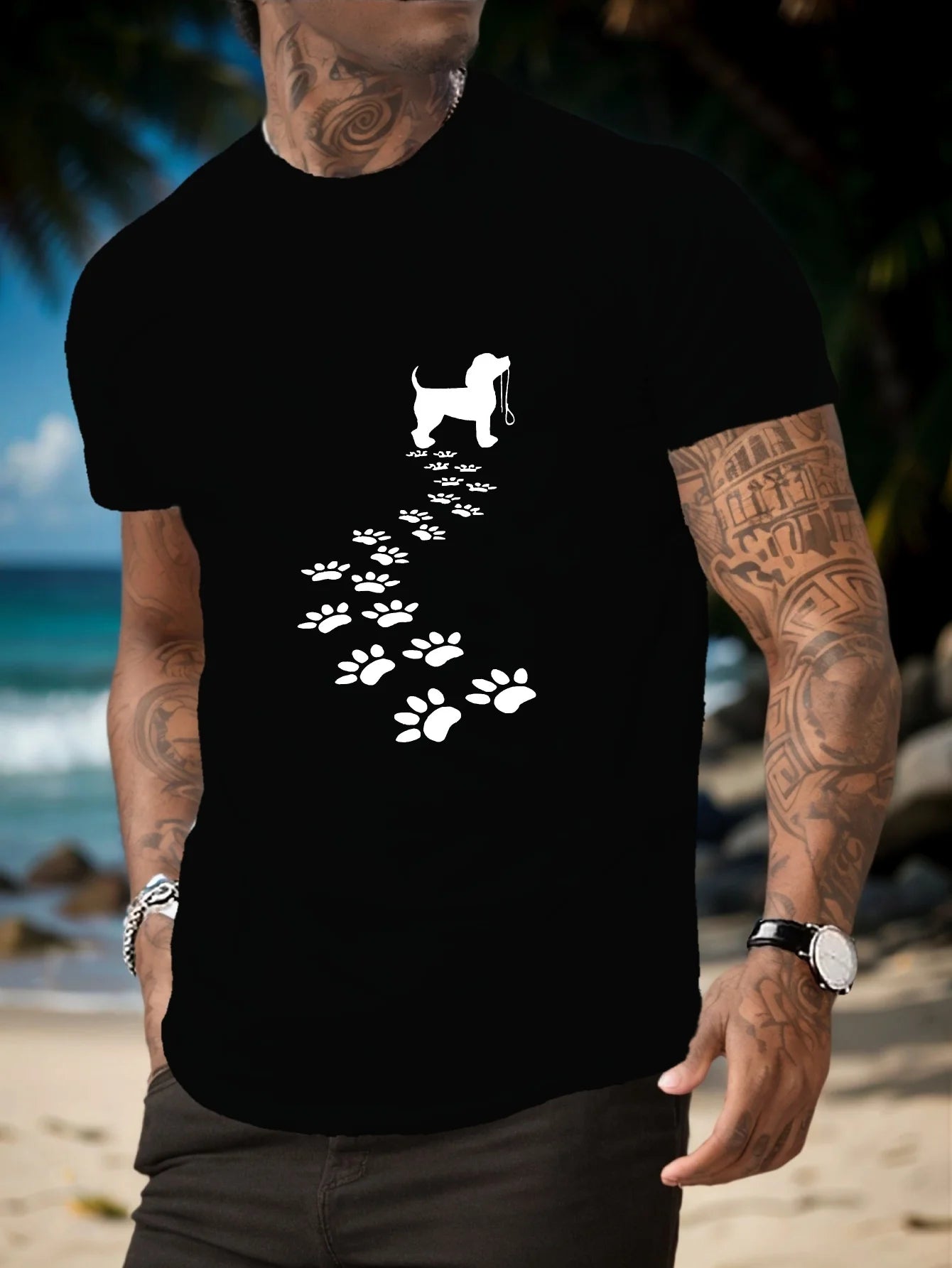 the WALK PLEASE -Men's Summer 100% Cotton Fashionable Casual Sports Loose Fit Dog Paw Print Round Neck Short Sleeved T-Shirt Top