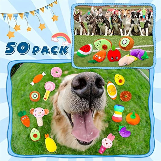 SqueakSquad Bundle™ | 50-Piece Plush Squeaky Dog Toy Pack | Dog Paw Clothing