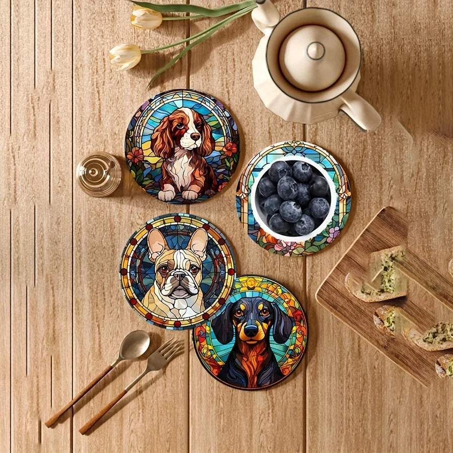 6/8pcs 2D single-sided dog pattern heat resistant non-slip round wooden coaster perfect family afternoon tea coffee shop Gifts