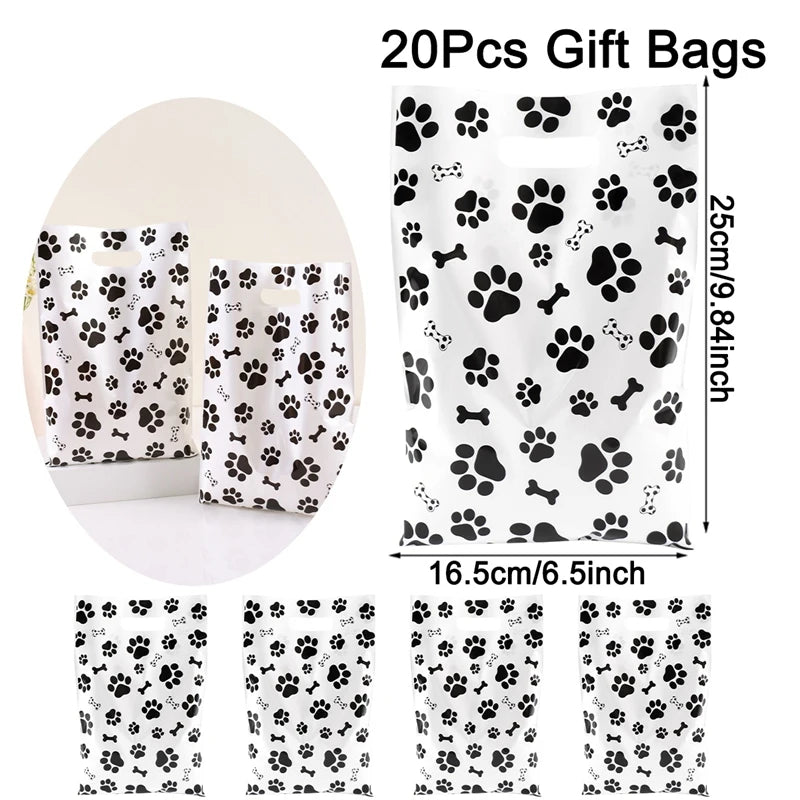 10/20/50pcs Dog Paw Black White Gift Bags with Handle - Plastic Animal Theme Party Decoration Candy Goodie Bags for Pet Treats