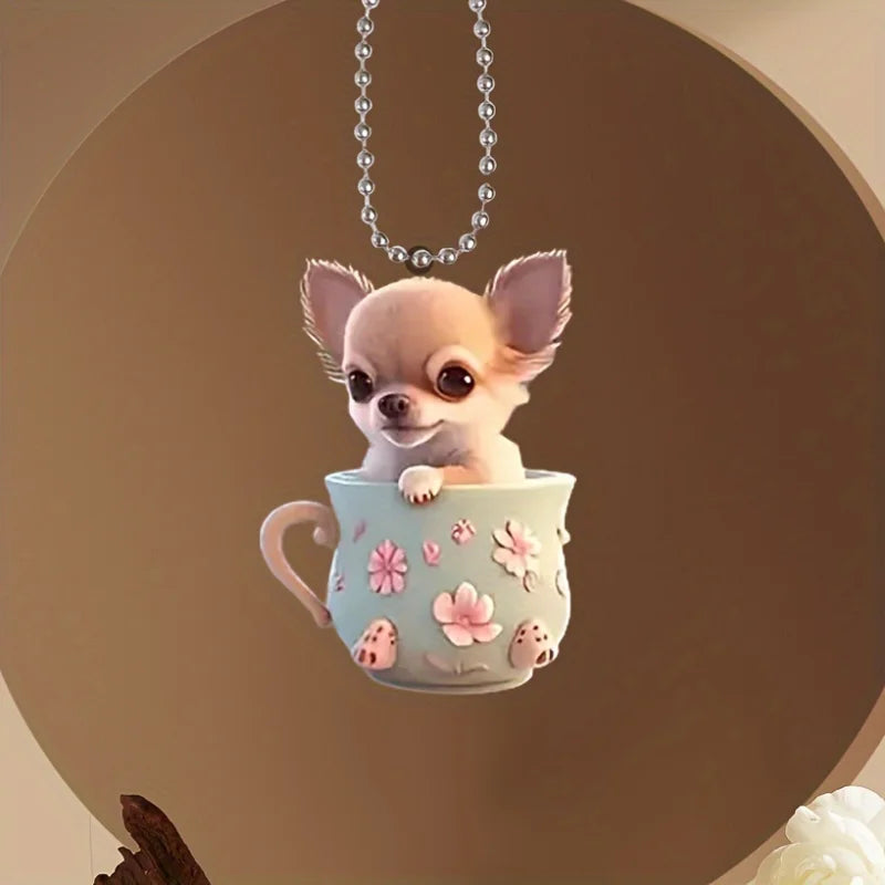 2D Chic Chihuahua Keychain Puppy in Tea Cup Pendant Ornament Acrylic Charm For Christmas ,Backpack,Bag,Home,Festive,Gift&Decor
