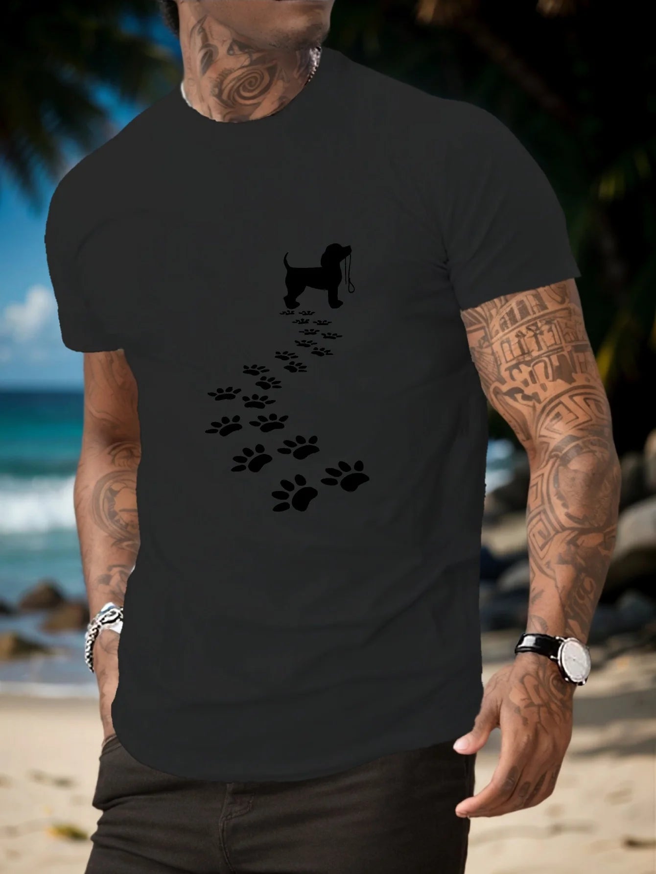 the WALK PLEASE -Men's Summer 100% Cotton Fashionable Casual Sports Loose Fit Dog Paw Print Round Neck Short Sleeved T-Shirt Top