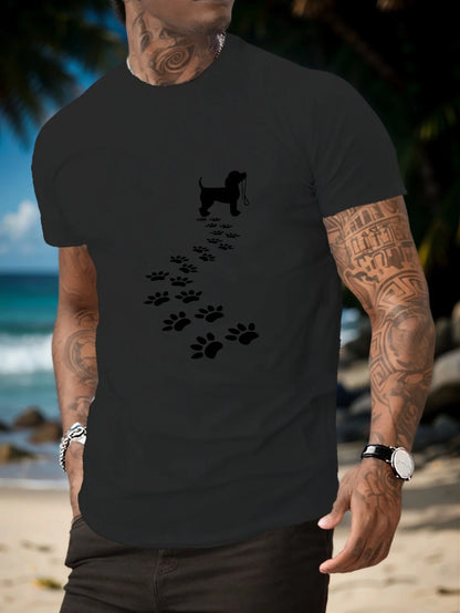 the WALK PLEASE -Men's Summer 100% Cotton Fashionable Casual Sports Loose Fit Dog Paw Print Round Neck Short Sleeved T-Shirt Top