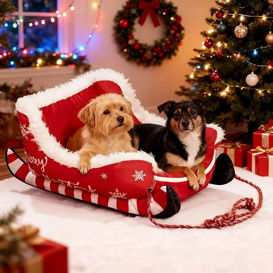 the SLEIGH SNUGGLE BED - Christmas Sleigh Bed, Removable Washable Plush Pet Warm Sofa with Non-Slip Base, Christmas Cat/Dog Nest for Winter Indoor/Outdoor