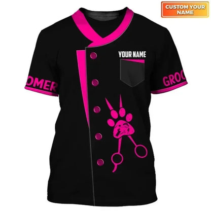 the GROOMER - Dog Grooming Graphic Printed Casual T-Shirts, Pet Groomer Customized Oversized Workwear, EU Size Unisex Pullover