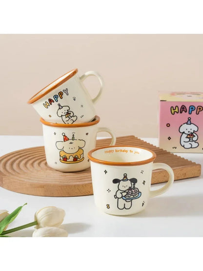 1Pcs Ins Cute Happy Bear Ceramic Mug Kawaii White Puppy Cartoon Coffee Mug Fashion Vintage Afternoon Tea Cup Pair Couple Gift