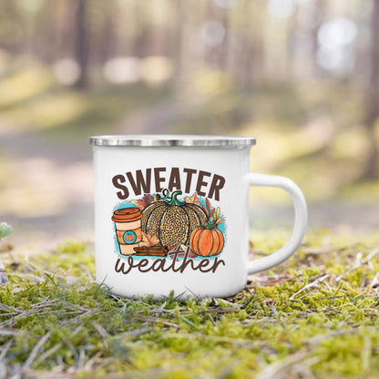 Pumpkin Leaves Dog Cat Printed Enamel Mugs Coffee Cups Fall Thanksgiving Party Wine Juice Mug Handle Cup Autumn Holiday Gifts