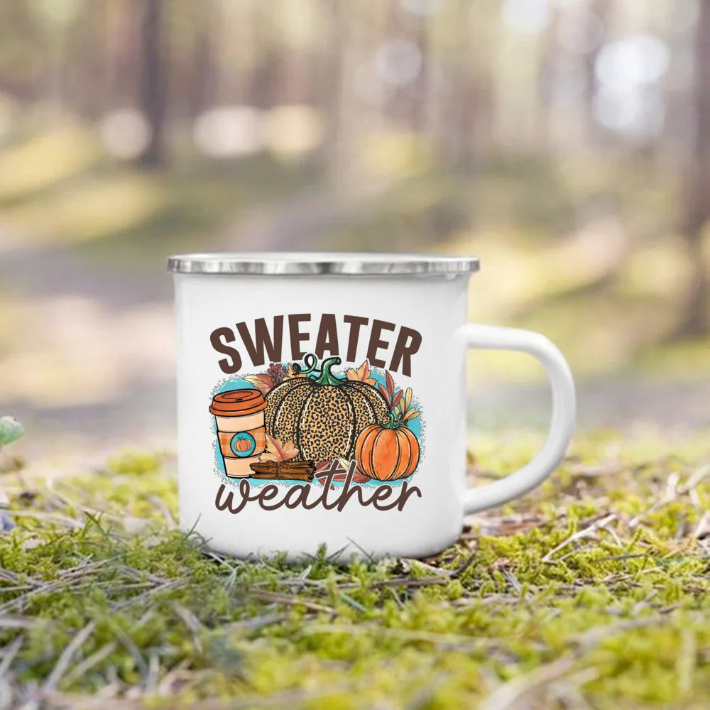 Pumpkin Leaves Dog Cat Printed Enamel Mugs Coffee Cups Fall Thanksgiving Party Wine Juice Mug Handle Cup Autumn Holiday Gifts