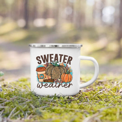 Pumpkin Leaves Dog Cat Printed Enamel Mugs Coffee Cups Fall Thanksgiving Party Wine Juice Mug Handle Cup Autumn Holiday Gifts