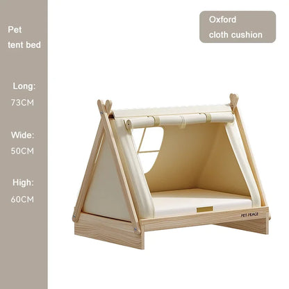 the POW-WOW PET BED - Wooden Oxford Cloth Dog Bed, Elevated Moisture-Proof Tent, Enclosed Safety House All-Season Dog Shelter with Frame Support
