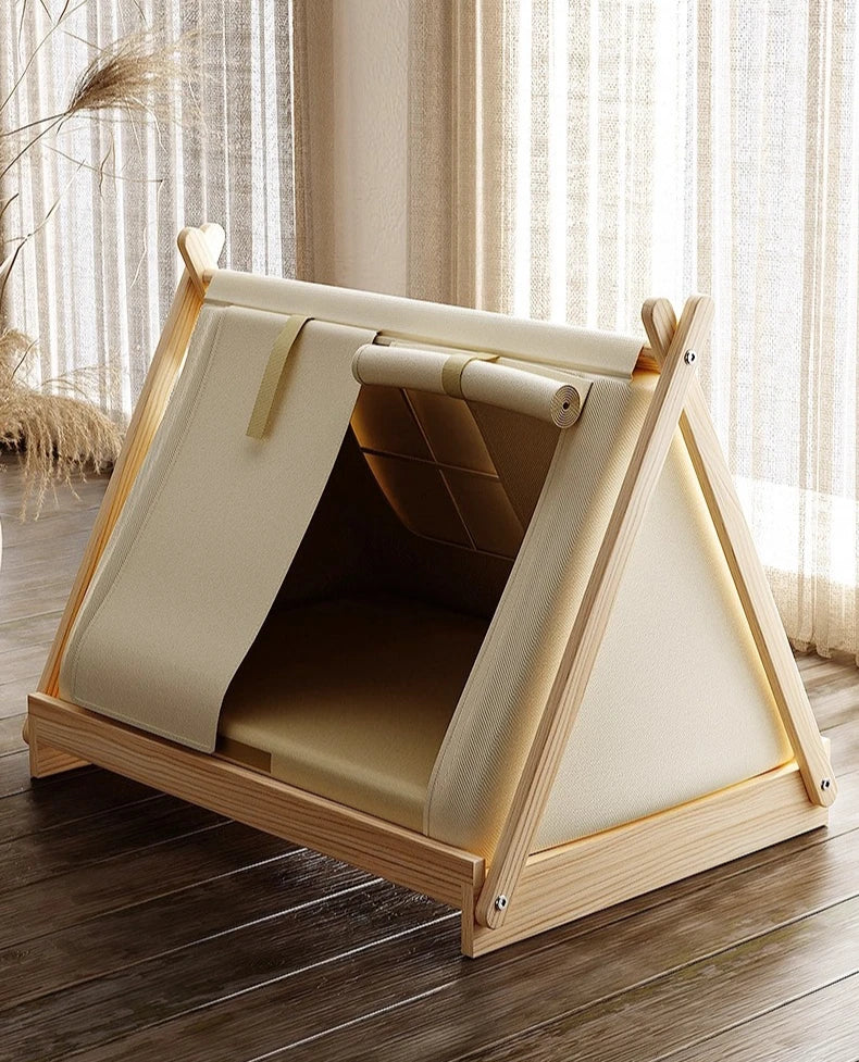 Indoor Dog Tent Pine Wood Dogs Tents Beds Cushion Removable Breathable Dog House Closed Moisture-proof Pet Cat Double Door Tent