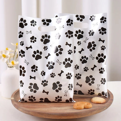 10/20/50pcs Dog Paw Black White Gift Bags with Handle - Plastic Animal Theme Party Decoration Candy Goodie Bags for Pet Treats